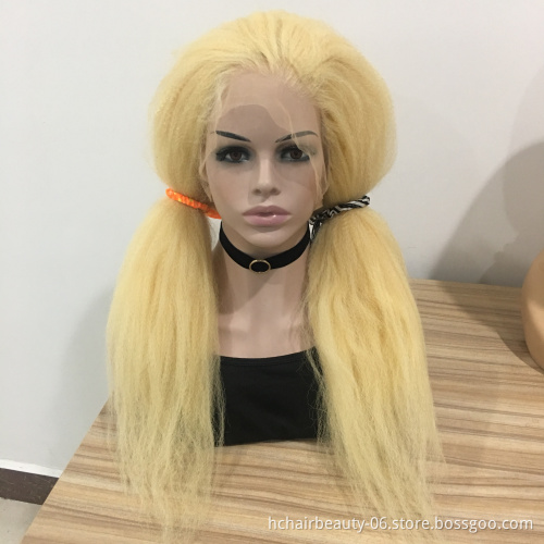 613 Blonde Kinky Straight Remy Human Hair Wig Full Transparent Lace Wigs 613 Blonde 8"-26 Long 150% Density Hair Wigs